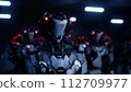 3d rendering of walking robotics army, industrial group of cyborg machines on white and green screen studio background. 112709977