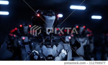 3d rendering of walking robotics army, industrial group of cyborg machines on white and green screen studio background. 112709977