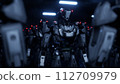 3d rendering of walking robotics army, industrial group of cyborg machines on white and green screen studio background. 112709979