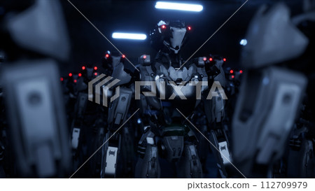 3d rendering of walking robotics army, industrial group of cyborg machines on white and green screen studio background. 112709979