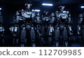 3d rendering of walking robotics army, industrial group of cyborg machines on white and green screen studio background. 112709985