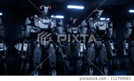 3d rendering of walking robotics army, industrial group of cyborg machines on white and green screen studio background. 112709985