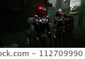 3d rendering of robotics army, industrial group of cyborg machines on factory background. Futuristic AI robotic team, artificial intelligence technology concept. 112709990