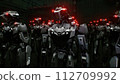 3d rendering of robotics army, industrial group of cyborg machines on factory background. Futuristic AI robotic team, artificial intelligence technology concept. 112709992