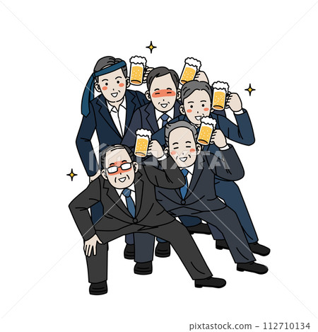 Illustration of a middle-aged office worker drinking beer and dancing 112710134