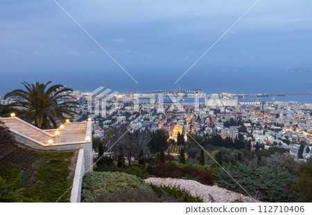 view from Mount Carmel to the evening Haifa Bay view from Mount Carmel to the evening Haifa Bay 112710406