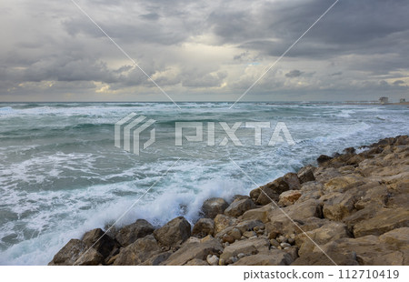 Dramatic sea view with storm clouds in Haifa Dramatic sea view with storm clouds in Haifa 112710419