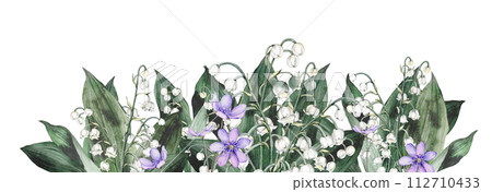 Watercolor banner with spring lilies of the valley and scilla. Watercolor spring primrose flower in border for wedding. Decorative element for greeting card. hand drawn illustration on isolated 112710433