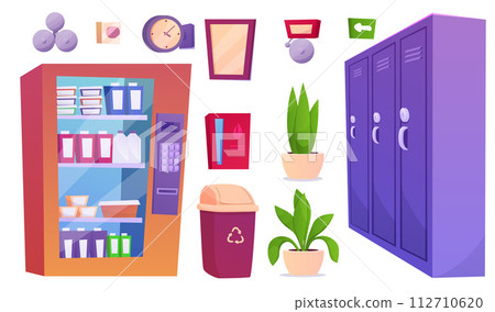 School hallway interior objects set. University corridor interior set design with classroom doors, lockers for students, vending machine with snacks. Education concept. 112710620