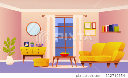 Modern living room with furniture and curtains on panoramic window. Living room in modern apartment with cityscape view in window. Vector cartoon illustration of home interior Modern living room with furniture and curtains on panoramic window. Living room in modern apartment with cityscape view in window. Vector cartoon illustration of home interior 112710654