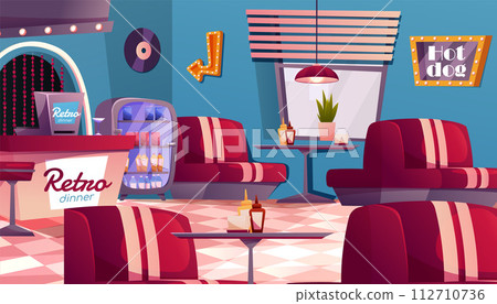 American Retro restaurant, diner interior with bar counter. Fast food retro cafe. Panoramic view of eatery. Empty restaurant with vintage decor. American Retro restaurant, diner interior with bar counter. Fast food retro cafe. Panoramic view of eatery. Empty restaurant with vintage decor. 112710736