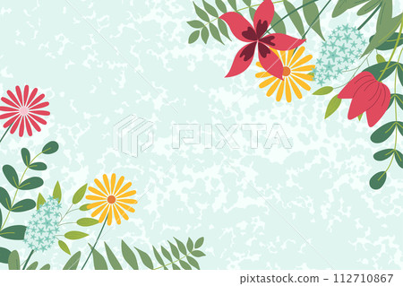 Hand sketched background, vector illustration. Borders with leaves and flowers on corners for greeting card, invitation template on texture background. Retro, vintage banner, poster, background. Hand sketched background, vector illustration. Borders with leaves and flowers on corners for greeting card, invitation template on texture background. Retro, vintage banner, poster, background. 112710867