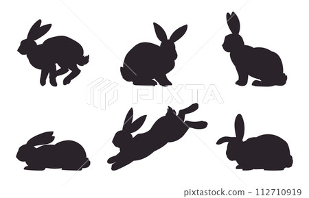 Bunny silhouettes. Easter spring monochrome rabbits, eared Easter hares flat vector illustration set. Cute holidays rabbits silhouette collection 112710919