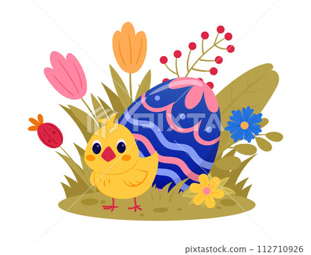 Easter eggs. Cartoon cute chicken with painted eggs, spring holidays colorful elements flat vector illustration. Easter eggs on green lawn Easter eggs. Cartoon cute chicken with painted eggs, spring holidays colorful elements flat vector illustration. Easter eggs on green lawn 112710926