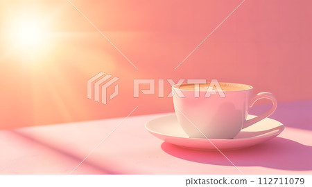 cup of hot coffee , retro pastel background with copy space, sun is shining 112711079