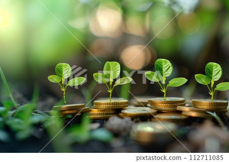 AI-generated content. Conceptual image of green plant sprouts growing from stacked coins, symbolizing financial growth and eco-friendly investment. 112711085