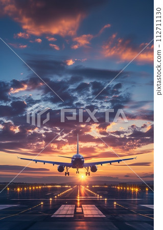 AI-generated content. Twilight scene of a commercial jet airplane landing on a runway, with the glowing sun setting on the horizon. 112711130