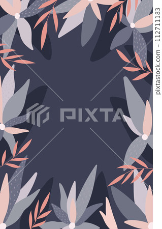 Vector vertical invitation card with flowers and leaves. Botany design on blue background. Vector vertical invitation card with flowers and leaves. Botany design on blue background. 112711183