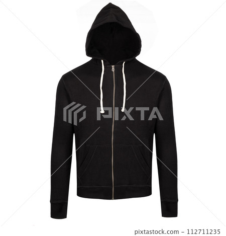 A man is wearing a black hoodie with a white hood 112711235