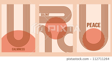 Minimalist geometric zen arches poster collection with text - Calmness, Silent and Peace. Abstract boho shapes in a retro aesthetic for versatile design use. Vector concept design Minimalist geometric zen arches poster collection with text - Calmness, Silent and Peace. Abstract boho shapes in a retro aesthetic for versatile design use. Vector concept design 112711264