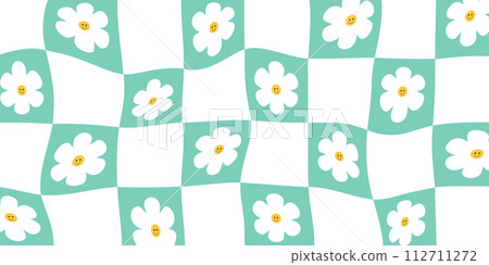 Groovy Wavy Checkerboard Pattern Large Square with Cute Flower In Green Mesh. Grid Background, Psychedelic Retro Style. Groovy Wavy Checkerboard Pattern Large Square with Cute Flower In Green Mesh. Grid Background, Psychedelic Retro Style. 112711272