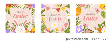 Easter collection of square social media post template. Design for celebration spring holiday with flowers, bunny, butterfly, sun and painted eggs. Hand drawn flat vector illustration. Easter collection of square social media post template. Design for celebration spring holiday with flowers, bunny, butterfly, sun and painted eggs. Hand drawn flat vector illustration. 112711276