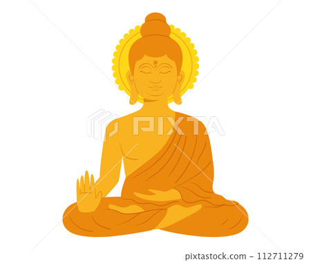 Golden Buddha statue. Sitting monk sculpture in flat vector style. 112711279