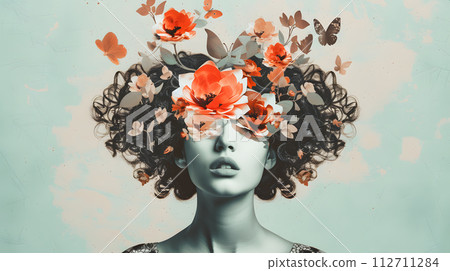 collage of a woman with curly hair and paper flowers inside her head collage of a woman with curly hair and paper flowers inside her head 112711284