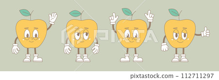 Retro groovy cartoon characters. Modern cute comic mascot of apples with happy smile face, hands and feets. Cute active fruits. 112711297