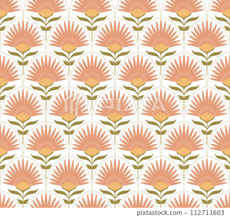 Beige damask floral hand drawn wallpaper. Pastel simple meadow flower seamless pattern. Vector botanical print 112711603