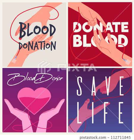 Blood donation for transfusion banners or posters bundle, flat vector illustration. 112711845