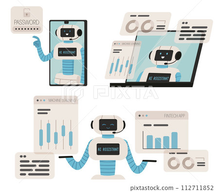 AI assistant or robot design concept, flat cartoon vector illustration AI assistant or robot design concept, flat cartoon vector illustration 112711852