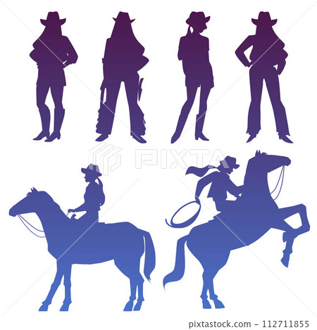 Cowgirls vector silhouette set, cowgirl riding on horse, American western rodeo ranger women dressed in wild west style 112711855