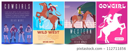 Cowgirls riding on horse at a Rodeo, American western ranger women vector vintage posters set, ladies in wild west style Cowgirls riding on horse at a Rodeo, American western ranger women vector vintage posters set, ladies in wild west style 112711856