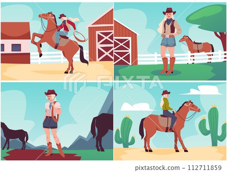 Set of cowgirls with horses at ranch and in desert. Set of cowgirls with horses at ranch and in desert. 112711859