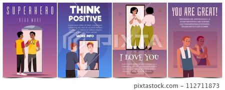 Happy people look at their reflection in the mirror with optimism, imagine themselves successful, vector positive set Happy people look at their reflection in the mirror with optimism, imagine themselves successful, vector positive set 112711873