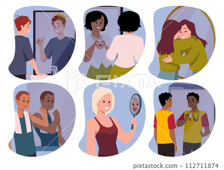 People who accept their appearance with mirror, flat vector illustrations set. People who accept their appearance with mirror, flat vector illustrations set. 112711874