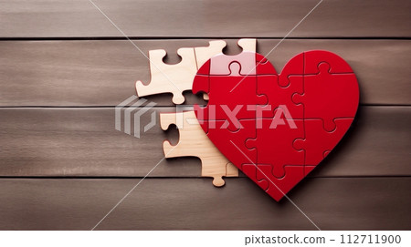 Heart puzzle fits love on wood, AI Generated 112711900