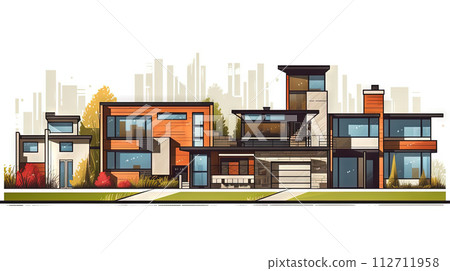 A street with cute modern residental houses in the neighborhood. Suburb architecture or village cottages. Generated AI. A street with cute modern residental houses in the neighborhood. Suburb architecture or village cottages. Generated AI. 112711958