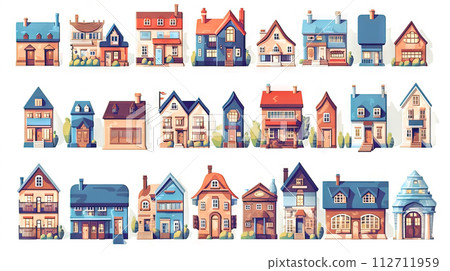 Set of cute residental houses in the neighborhood. Colorful architecture of suburb or village cottages. Generated AI. 112711959