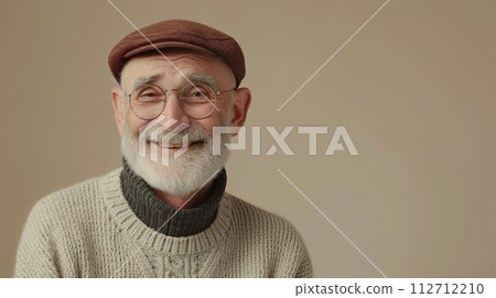 stylish Senior man in the hat smiling positive emotions on pastel background with place for text 112712210