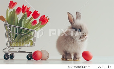 Bunny with grocery cart full of tulips and Easter eggs on light pastel background, Easter shopping 112712217