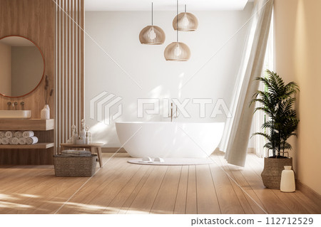 Modern contemporary style wooden bathroom 3d render, Large window the wind blows the curtains, sunlight into the room 112712529