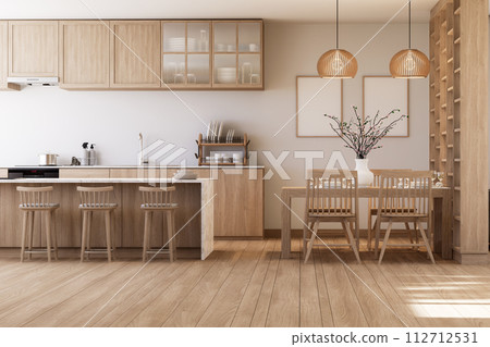 Modern contemporary wooden kitchen and dining room 3d render illustration 112712531