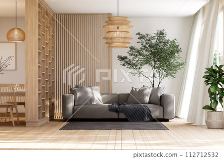 Modern contemporary wooden living and dining room 3d render, The decorated with gray sofa, Large window the wind blows the curtains. 112712532