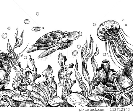 Underwater world clipart with sea animals whale, turtle, octopus, seahorse, starfish, shells, coral and algae. Graphic illustration hand drawn in black ink. Seamless border EPS vector. 112712543