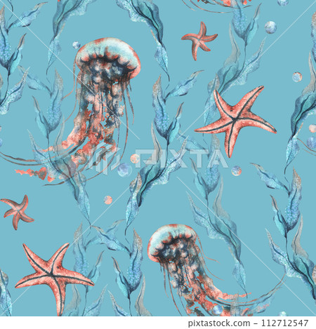 Underwater world clipart with sea animals jellyfish, starfish, bubbles and algae. Hand drawn watercolor illustration. Seamless pattern on a blue background. 112712547
