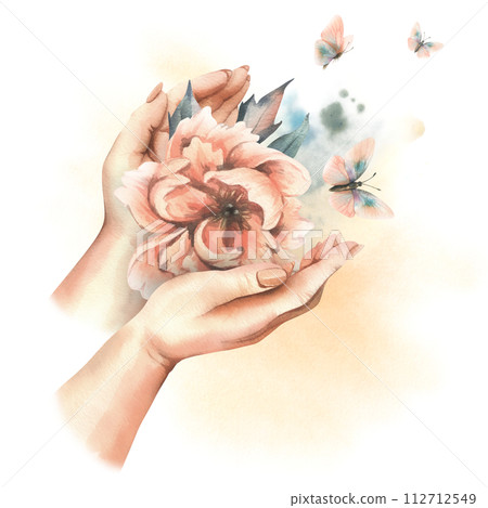 Beautiful peonies in peach fuzz color with leaves and flying butterflies in female hands. Hand drawn watercolor illustration. The composition is isolated from the background. Beautiful peonies in peach fuzz color with leaves and flying butterflies in female hands. Hand drawn watercolor illustration. The composition is isolated from the background. 112712549