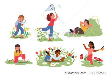 Kids Springtime Activities. Children Picking Wild Berries, Catching Butterflies, Nature Walks, Learning Bugs On Meadow Kids Springtime Activities. Children Picking Wild Berries, Catching Butterflies, Nature Walks, Learning Bugs On Meadow 112712563