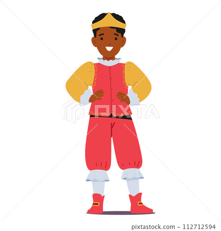 Little Black Boy Character In Prince Costume And Golden Crown Posing With Arms Akimbo, Exudes Regal Charm And Nobility Little Black Boy Character In Prince Costume And Golden Crown Posing With Arms Akimbo, Exudes Regal Charm And Nobility 112712594